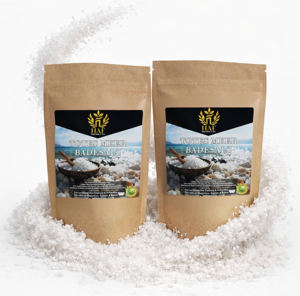 HAF – Totes Meer Badesalz (2 x 1 kg Beutel) – Naturreines Meersalz aus Jordanien. Für trockene Haut & Gesicht | Für guten Schlaf & zur Körpe...