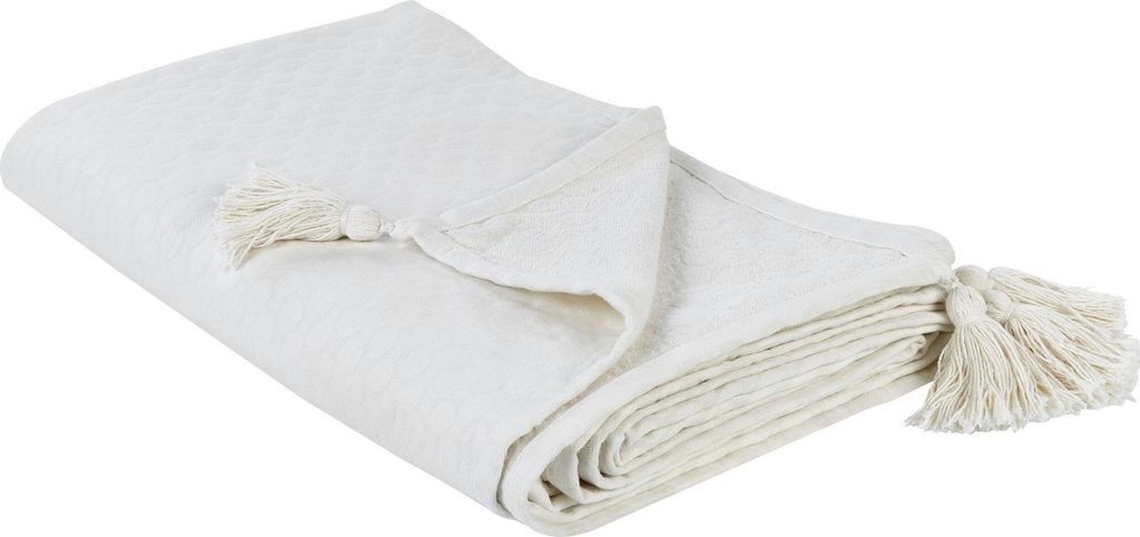BELIANI Tagesdecke Cremeweiß aus Baumwolle 150 x 200 cm mit Quasten Modernes Design Bettüberwurf Wohndecke für Bett Sofa Schlafzimmer Wohnzimmer