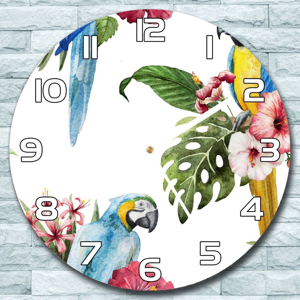 Wanduhr aus Glas Rund fi 30 Papageien & Blumen Quarz Deko Produktbild 