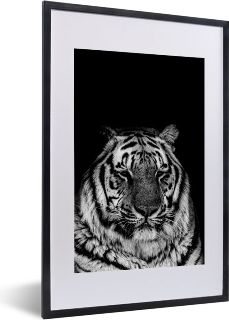 MuchoWow Gerahmtes Poster Sleepy Tiger auf einem schwarzen Hintergrund - schwarz und weiß 40x60 cm - Poster mit Schwarzem Bilderrahmen Wandposte...