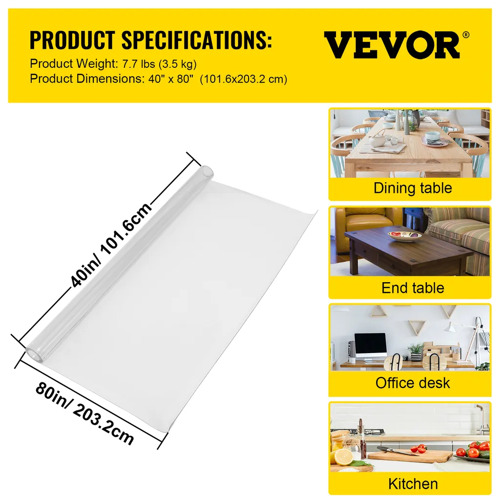 VEVOR Copritavolo in PVC 101,6 x 203,2 cm, protezione da tavolo trasparente di 1,5 mm di spessore, cuscinetto da scrivania rettangolare trasparente, pellicola in PVC protettiva da tavolo impermeabile per comò da ufficio, comodino - 7