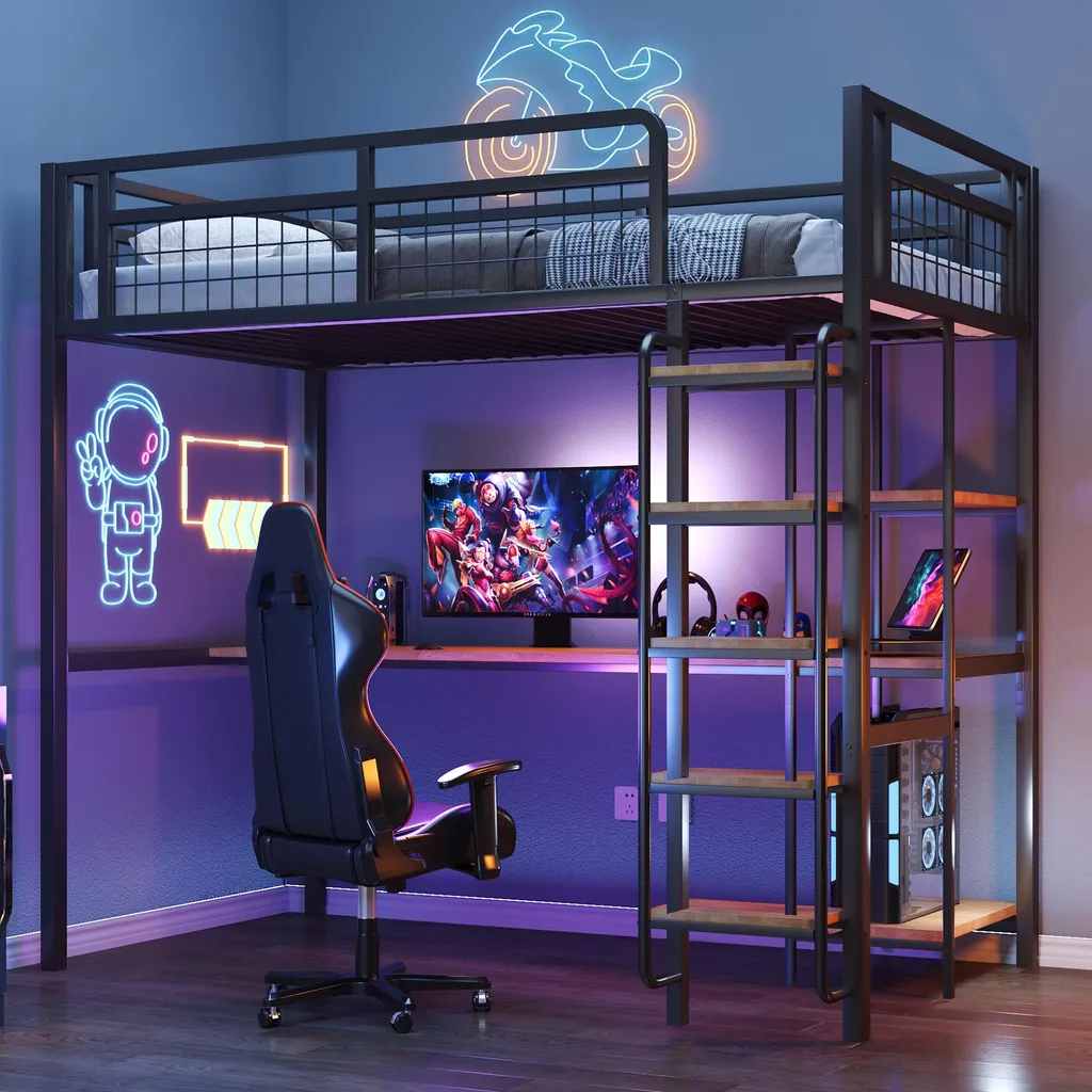 Lit superposé Flieks 90x200 noir avec bureau et étagère intégrés