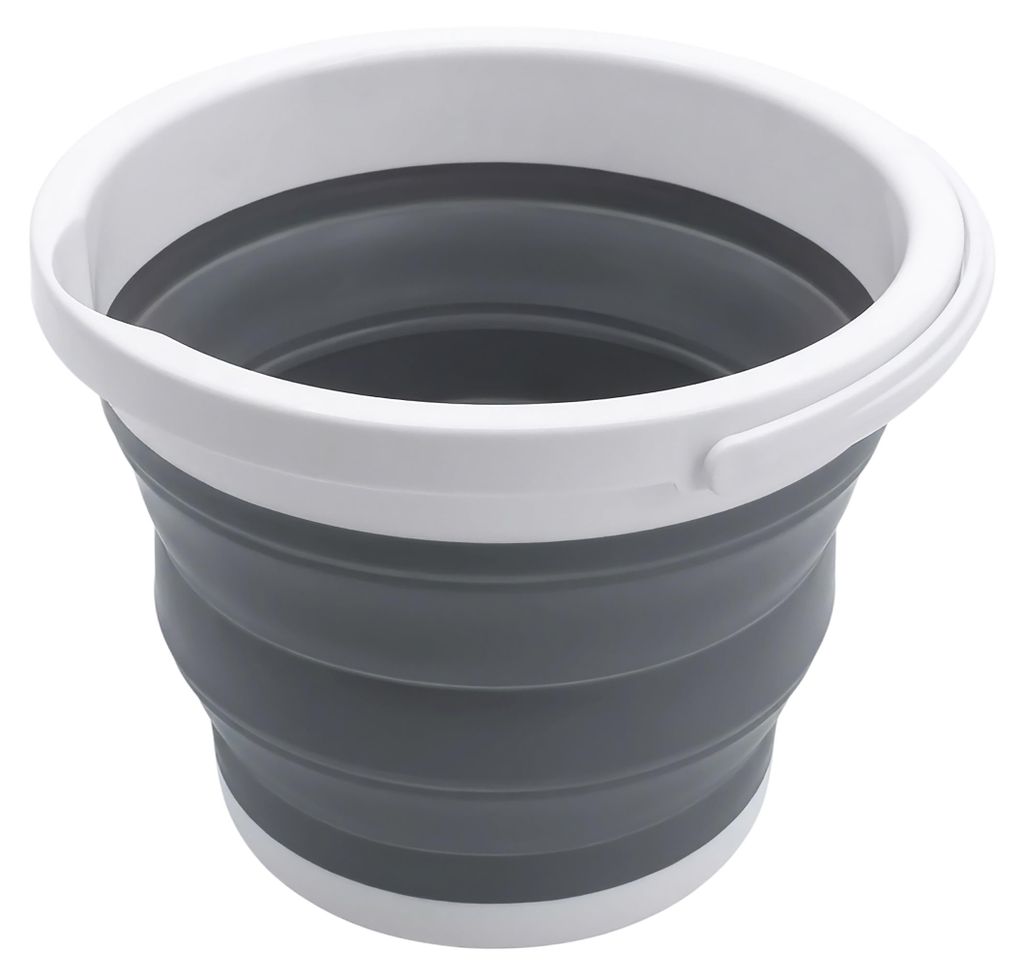 1.04 Faltbarer Eimer 5 Liter - ca. Ø 24 cm - Camping Eimer mit Griff und Deckel in weiß / grau