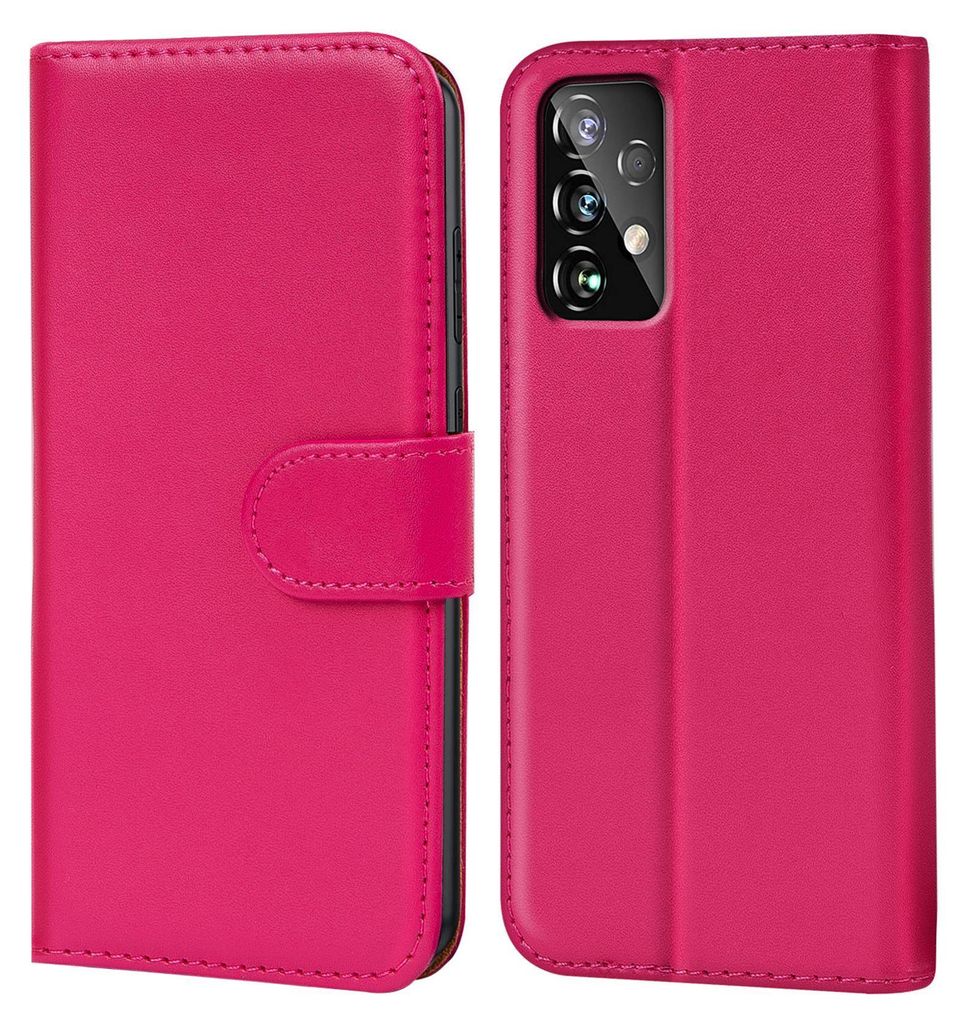 A pink flip case for a smartphone is shown, with the phone inserted into the case on the right side.