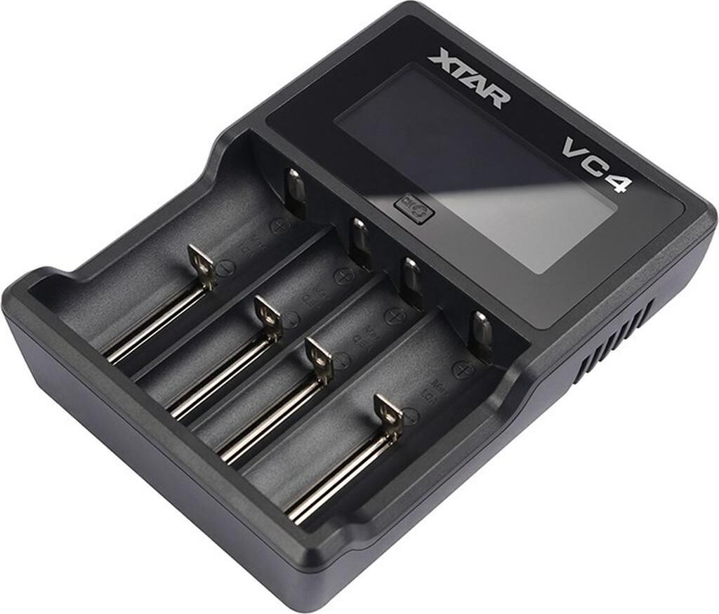 A black battery charger with four slots and a digital display.