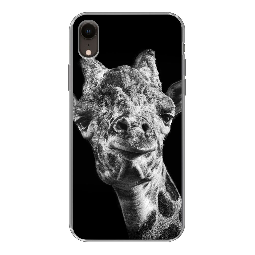 MuchoWow Handyhülle Schutzhülle Hülle für iPhone XR Giraffe vor schwarzem Hintergrund in schwarz und weiß Silikon Softcase Handy Hülle - Sc...