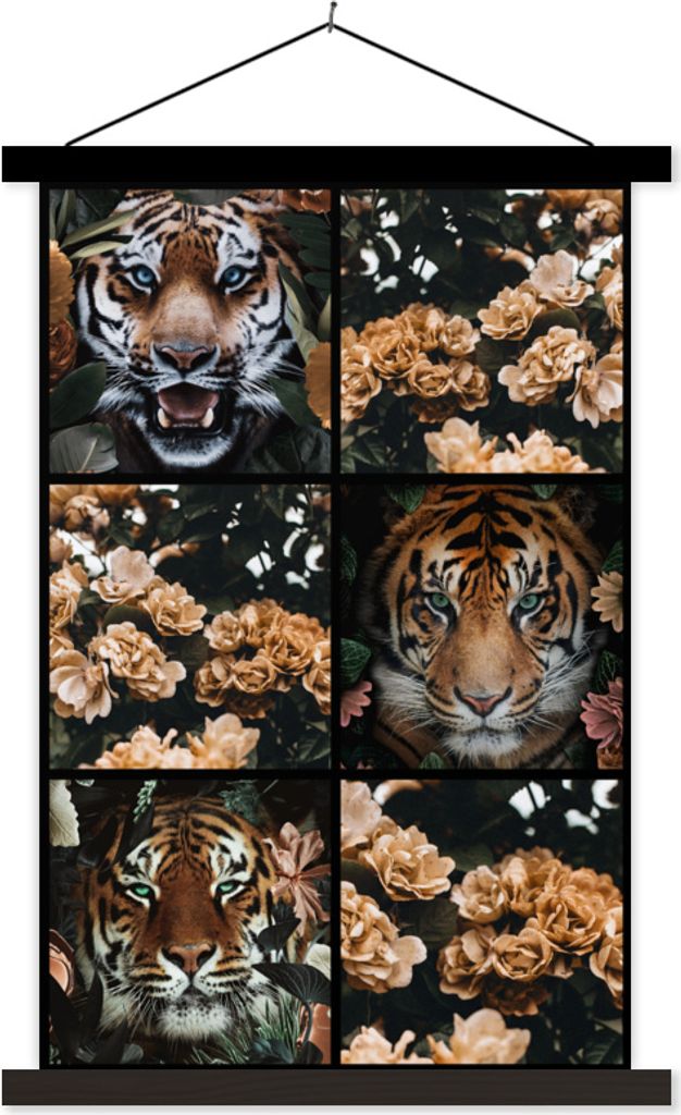 MuchoWow Textilposter Collage - Tiger - Blumen 60x90 cm mit schwarzem Rahmen - Poster Wohnzimmer