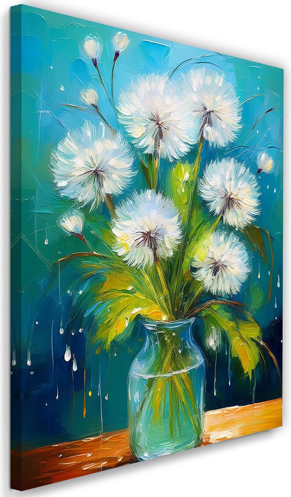 Leinwandbild Löwenzahnblüten in einer Vase Türkis 70x100 Feeby Blau bild für die wand bereit zum aufhängen