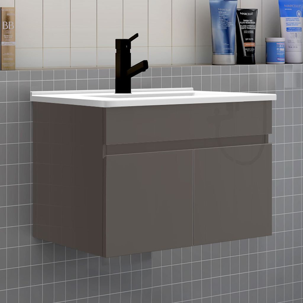 Badmöbel HUTI-Serie 60cm Hochglanz Dunkelgrau Dünn Keramik Waschtisch mit Unterschrank Hängeschrank Badezimmermöbel mit 2 Türen