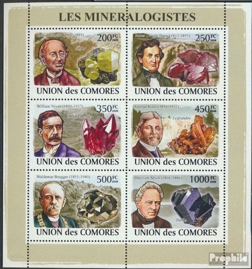 Briefmarken Komoren 2008 Mi 2037-2042 Kleinbogen (kompl. Ausg.) postfrisch Mineralogen & Mineralien