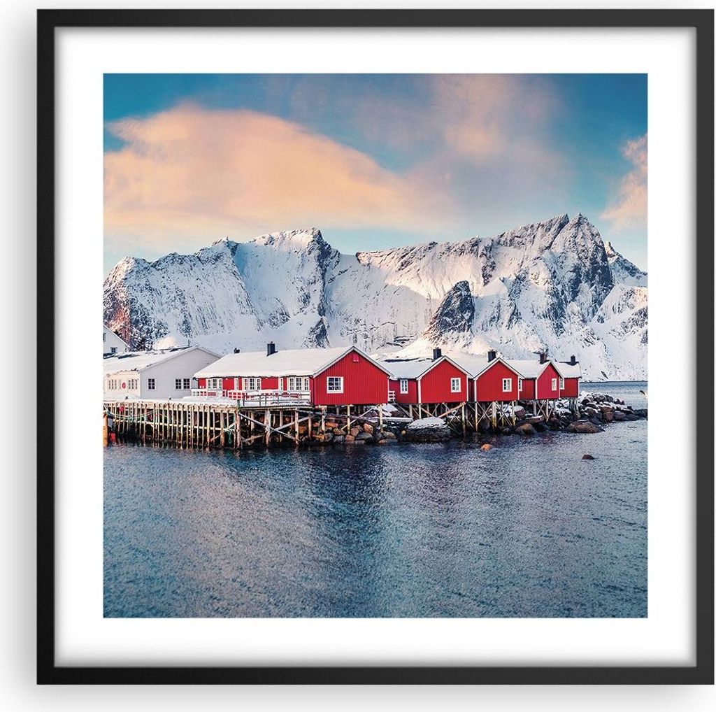 Gerahmtes Poster - Schwarzer Rahmen - Lofoten Dorf Angeln - 50x50 cm - Wand Bild - Wanddeko - Wandbilder - Kunstposter - Wandposter - Bilderrahmen ...