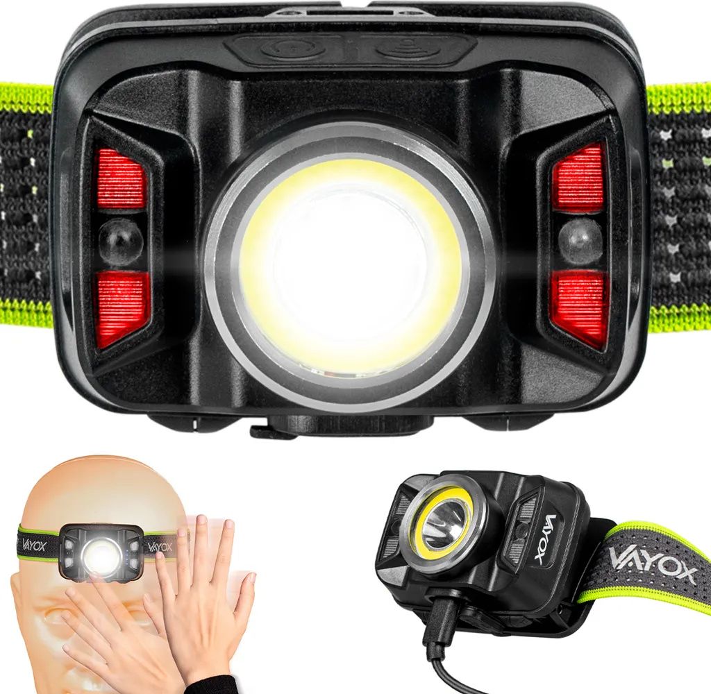 Vayox Stirnlampe VA0025 Pro Series | 320lm | XTE5W + COB 10W | Gesten | 6 Modi | USB | Schwarz