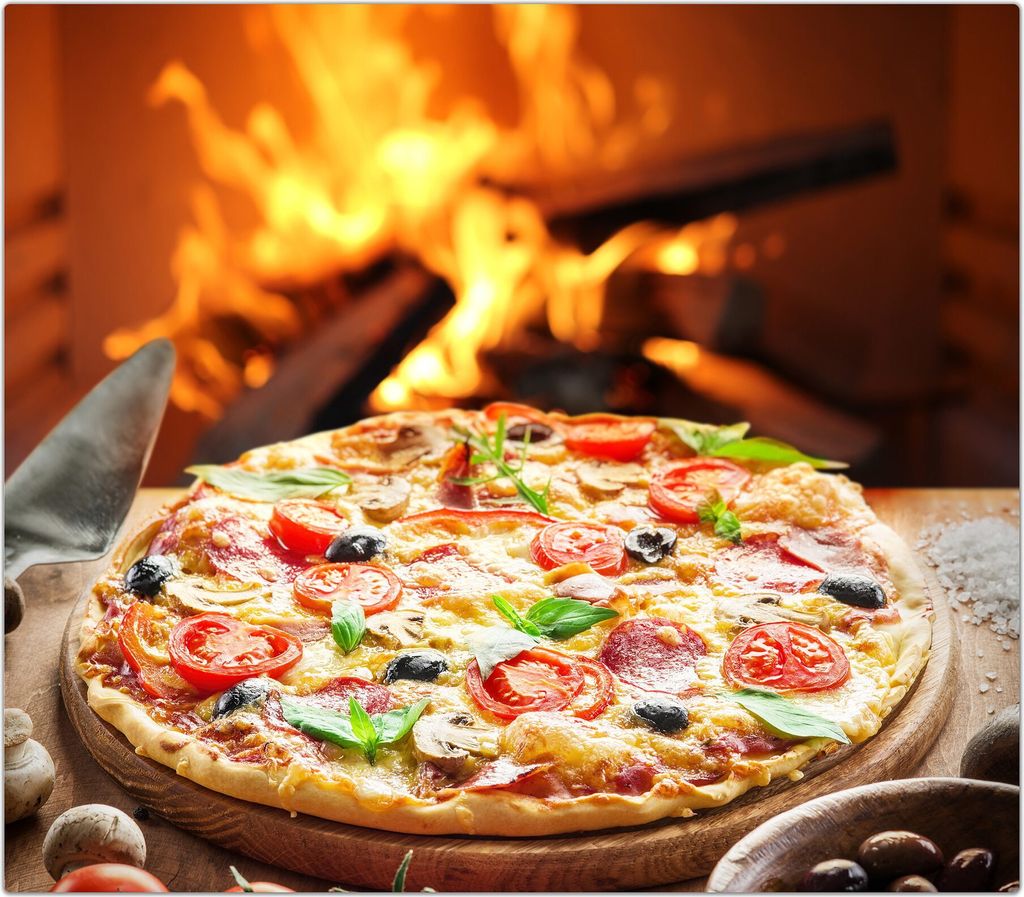Spritzschutz Herdabdeckplatte Schneidebrett aus Glas Pizza aus dem Holzofen 1-Teilig (60x52cm)