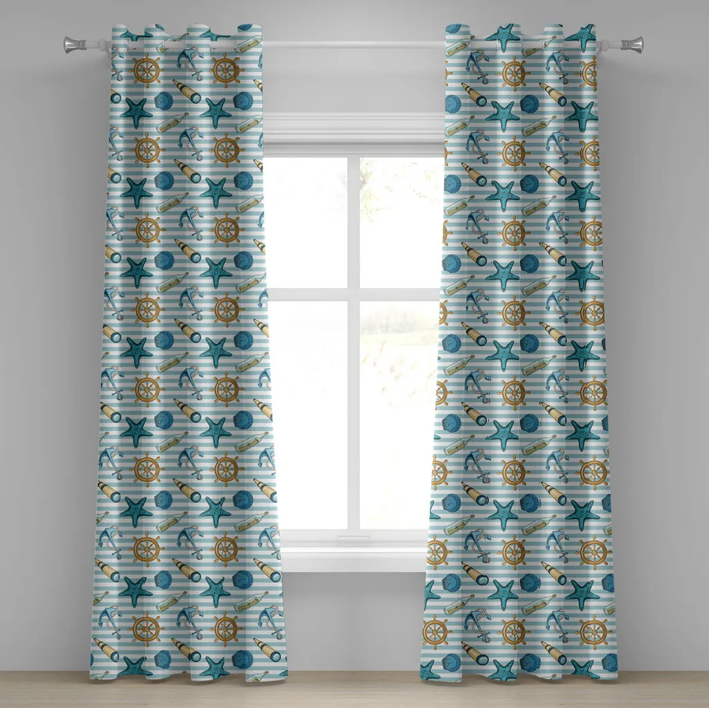 Rideau nautique à œillets motif ancres et coquillages bleu marine
