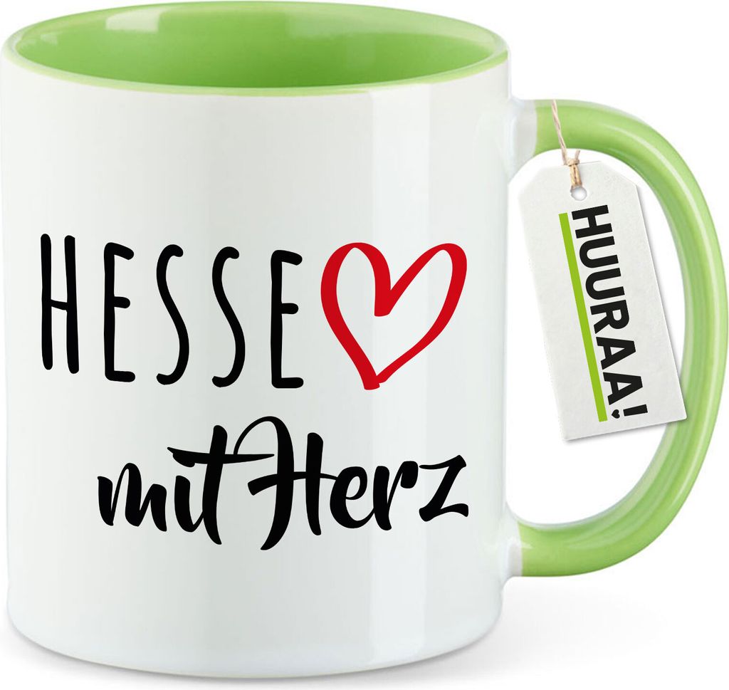 Huuraa Kaffeetasse Hesse mit Herz 330ml Grün Keramik Kaffeebecher Geschenkidee