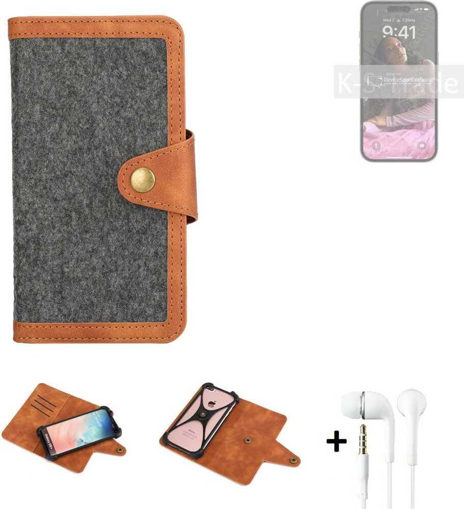 K-S-Trade Handyhülle + Kopfhörer kompatibel mit Apple iPhone 14 Pro Max Schutzhülle Filzhülle Kunstleder dunkelgrau braun (1x)