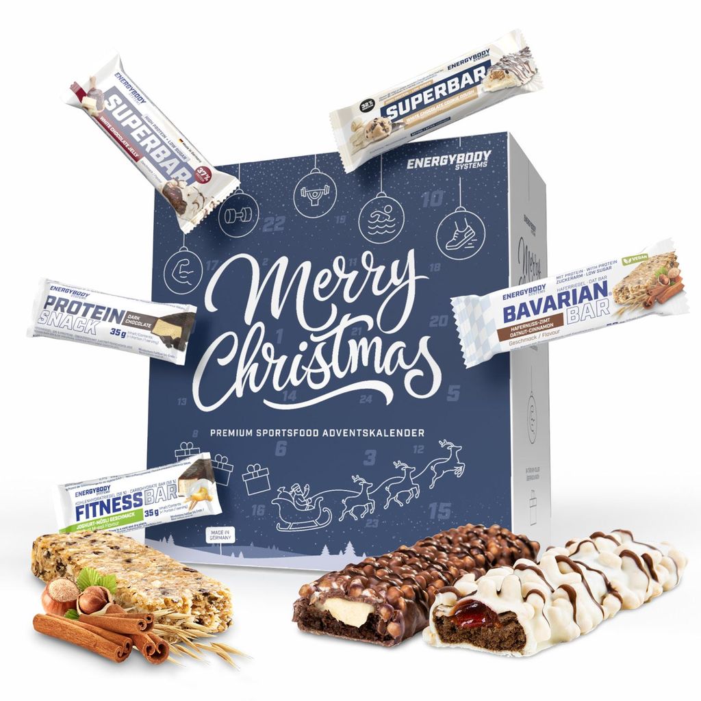 Energybody Fitness Adventskalender 2025 mit Eiweißriegel, Kohlenhydratriegel und Haferriegel, 26 leckere Produkte