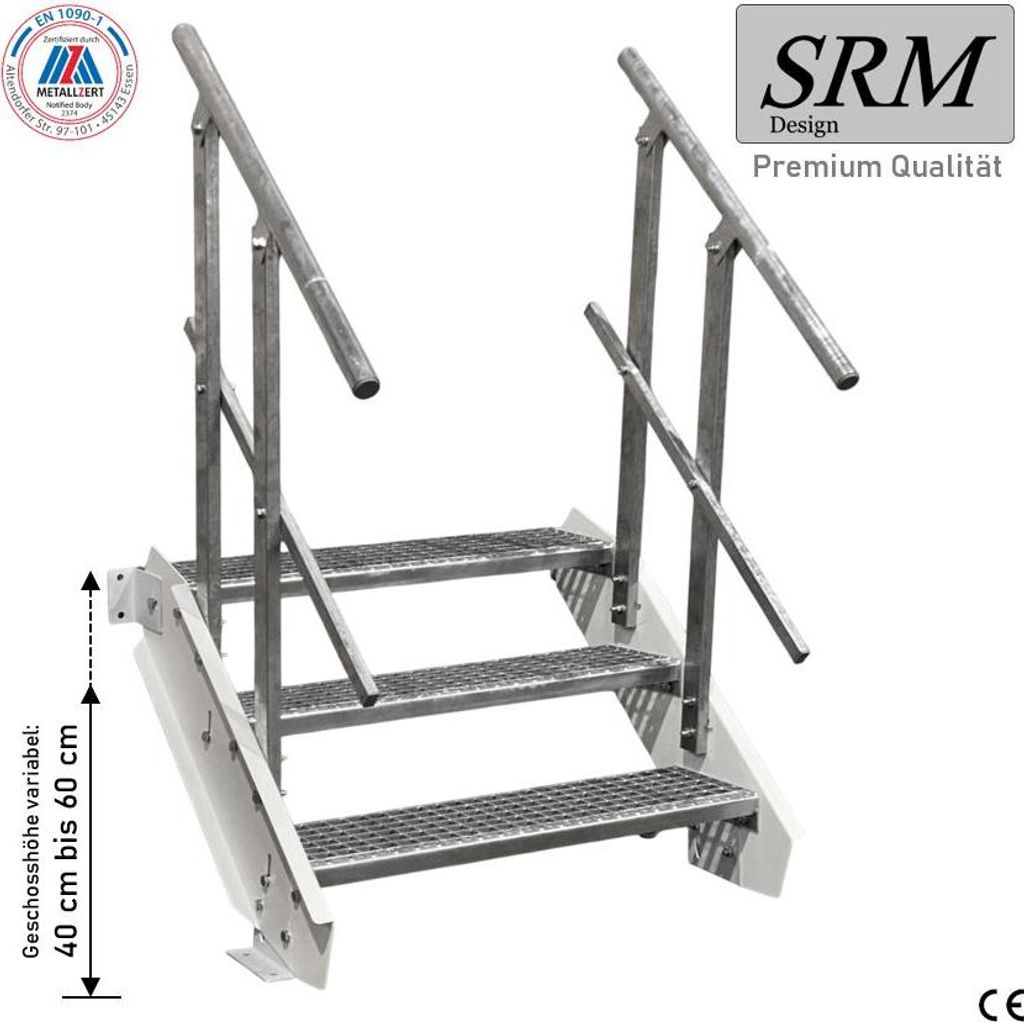 3 Stufen Stahltreppe Weiß Breite 160 cm Geschosshöhe 40 - 60 cm 2x Geländer
