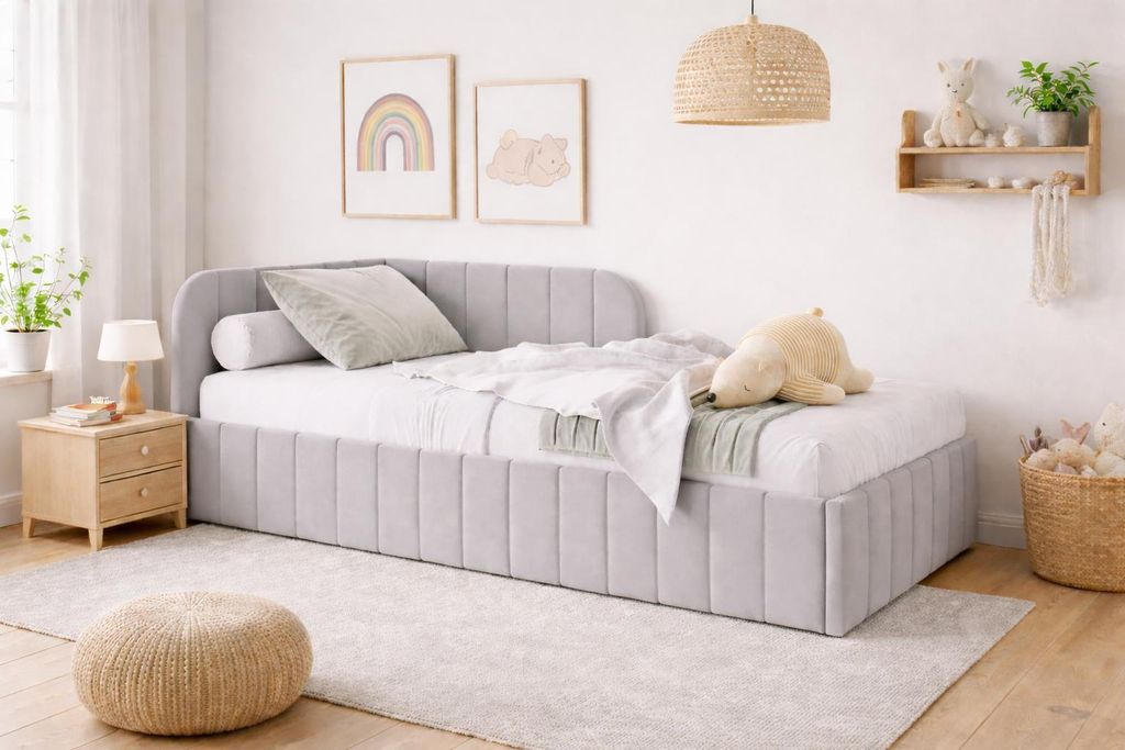 Bett Mario 100x200 cm, Polsterbett mit Metallrahmen, Jugendbett mit Bettkasten, Riviera-Stoff, Grau, Links