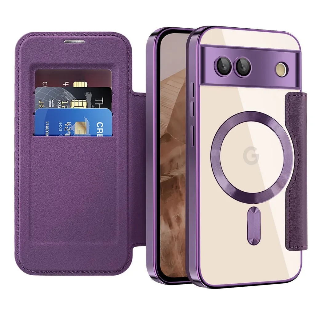Custodia Google Pixel 8A MagSafe in Pelle Viola con Portacarte e Protezione
