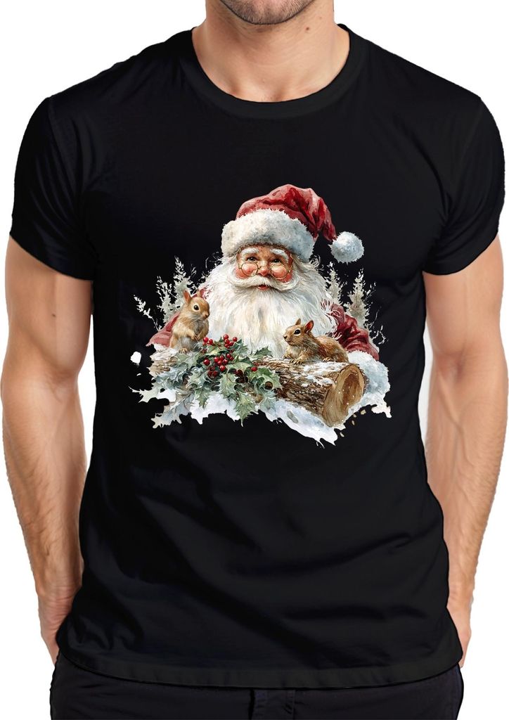 Weihnachtsmann Eichhörnchen Stechpalme Schnee Holzstamm Vintage Herren T-Shirt, Schwarz, L