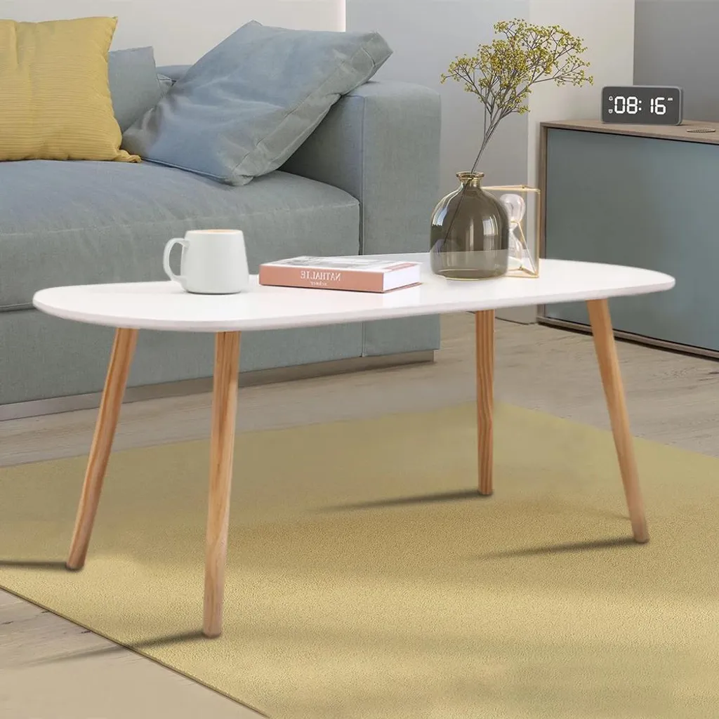 Table basse bois design moderne 110cm - Finition blanc laqué forme ovale - 2