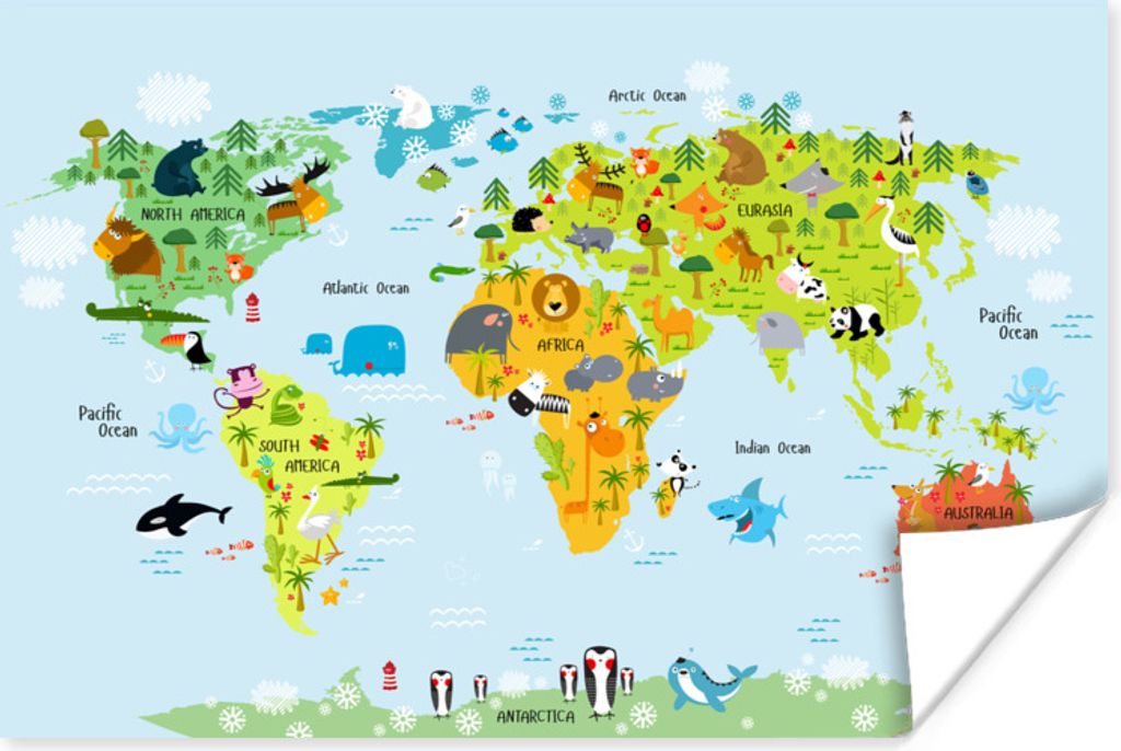 MuchoWow Poster Weltkarte - Kinder - Tiere - Natur - Jungen - Mädchen 150x100 cm - Fotoposter