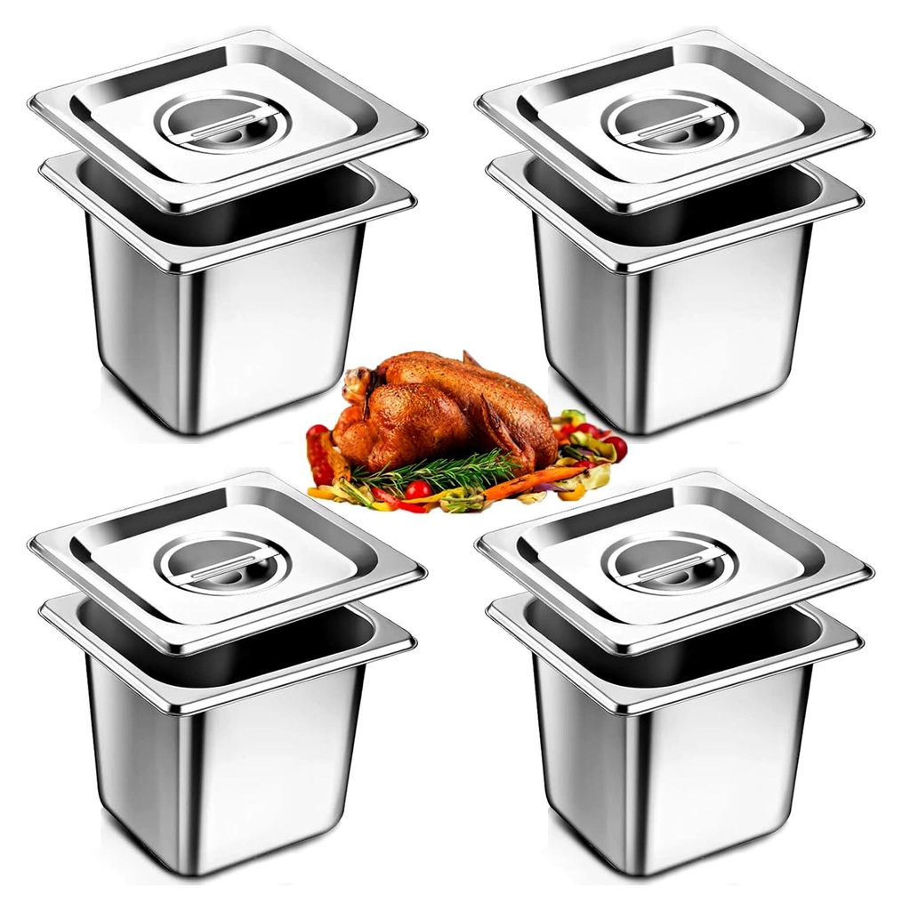 4 Stück GN-Behälter mit Deckel, Edelstahlbehälter, Gastronormbehälter, Warmhaltebehälter, 1/6 Größe, 17,5 x 16 x 15 cm