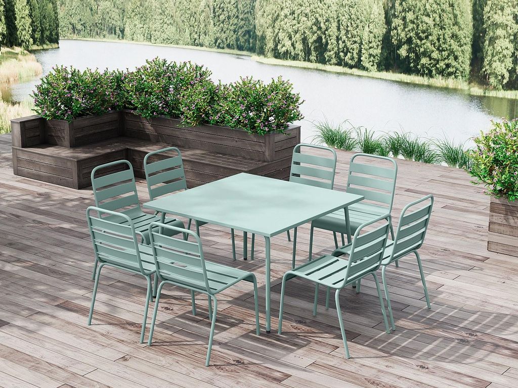 Gartenmöbel-Set aus Metall für den Essbereich – Tisch mit einer Länge von 120 cm und 8 stapelbaren Stühlen – Mandelgrün – MIRMANDE der M...