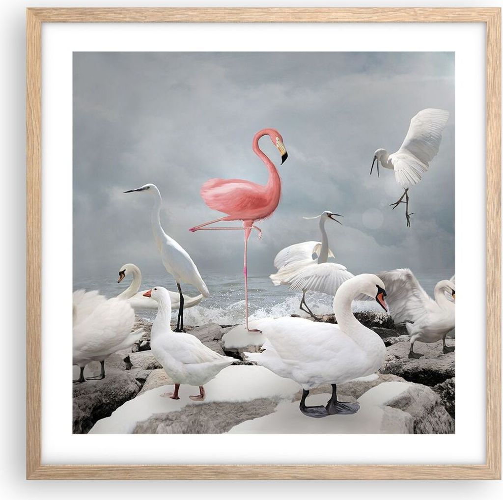 Gerahmtes Poster - Rahmen in heller Eiche - Flamingo Schwan Fantasie - 50x50 cm - Wand Bild - Wanddeko - Wandbilder - Kunstposter - Wandposter - Bi...
