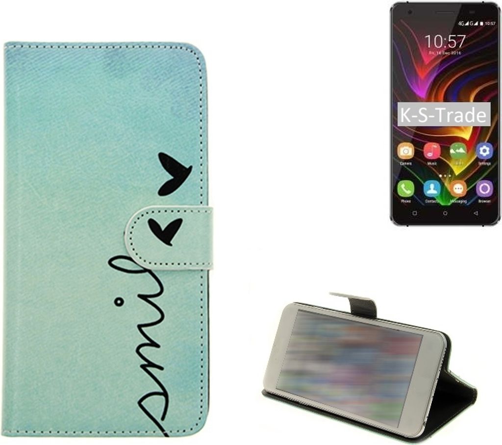 K-S-Trade Schutz-Hülle Handy-Hülle kompatibel mit Oukitel C5 Pro Hülle Wallet Case Flip cover bookstyle Etui Handyhülle ''smile'' türkis
