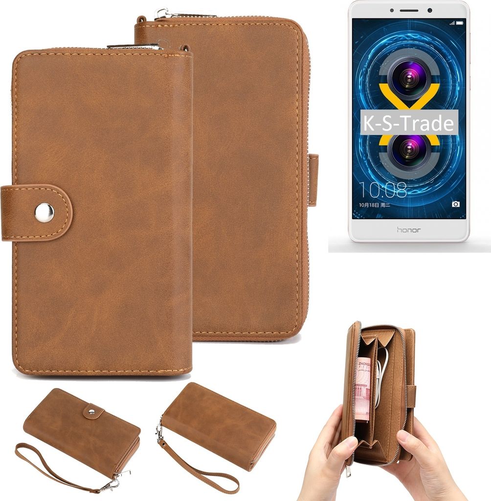 K-S-Trade Handyhülle Schutzhülle kompatibel mit Huawei Honor 6X & Portemonnee Tasche Handytasche Case Etui Geldbörse Wallet braun (1x)