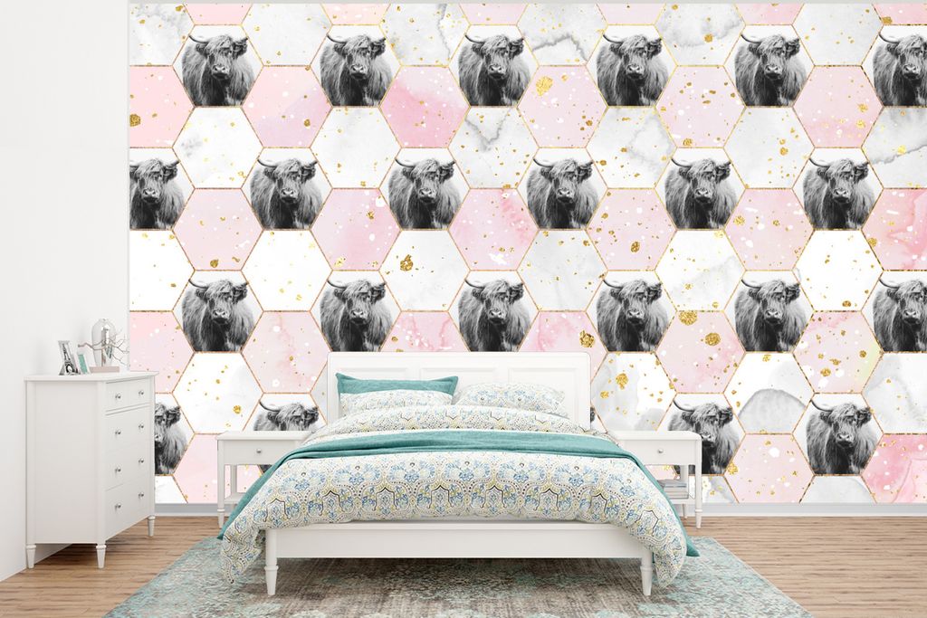 MuchoWow Fototapete für Wohnzimmer oder Schlafzimmer Wandtapete Vinyl Motivtapete Schottischer Highlander - Design - Marmor - Gold - 295x220 cm ...