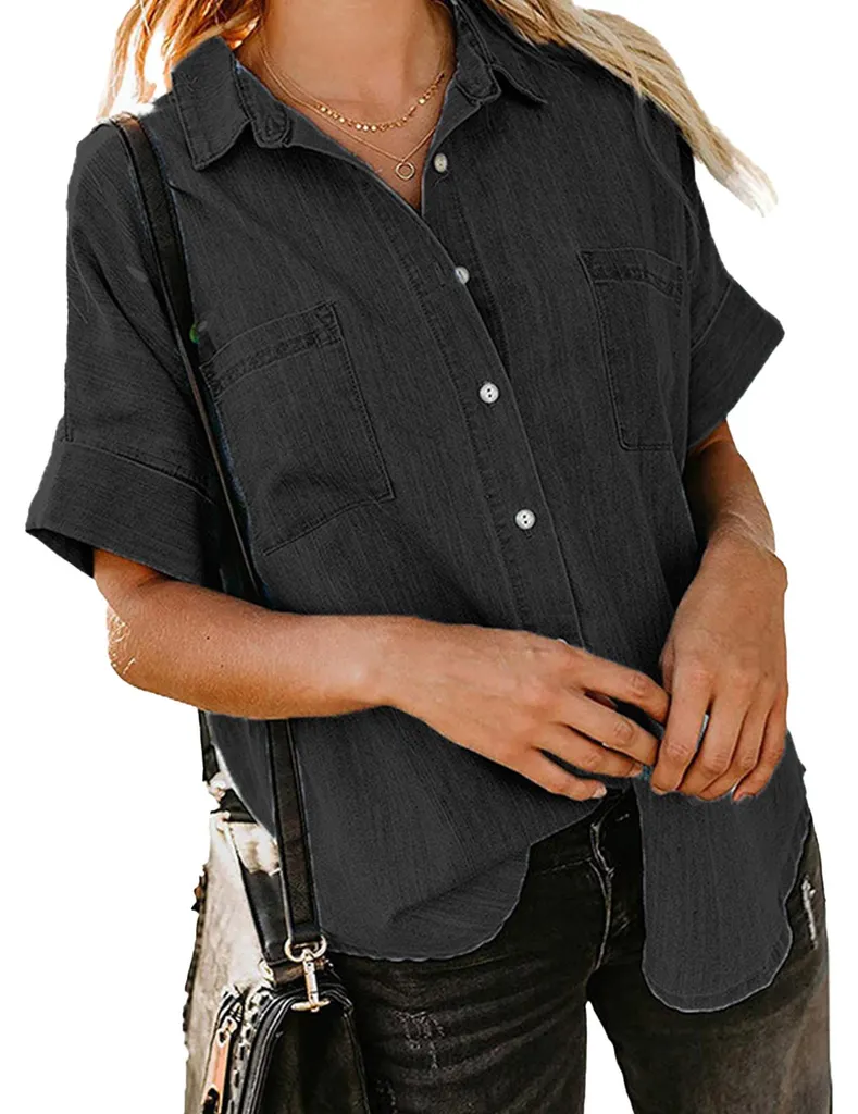 Chemisier noir femme anti-plis manches courtes col rabattu en S