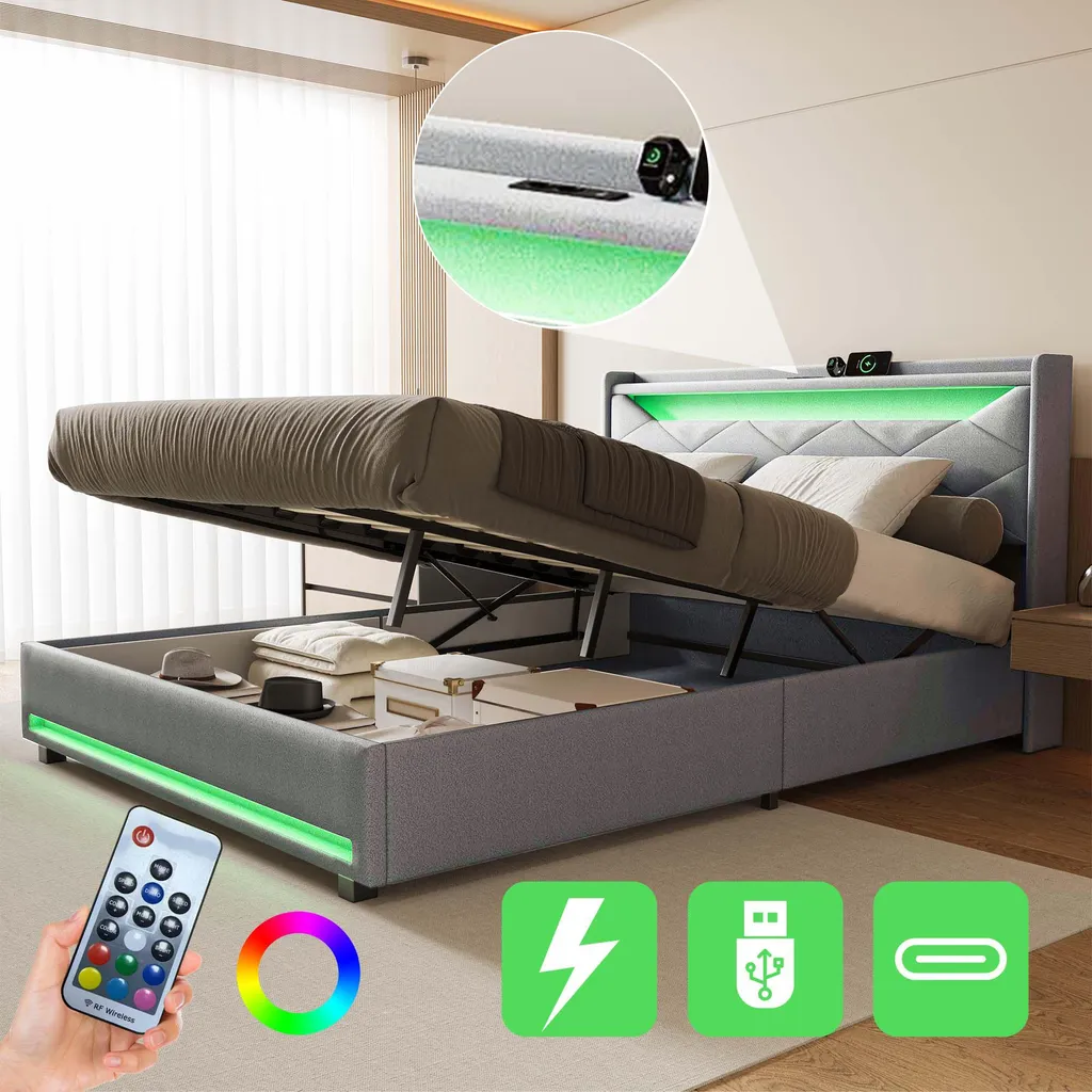 Lit coffre 140x200cm en lin gris avec rangement et ports USB intégrés