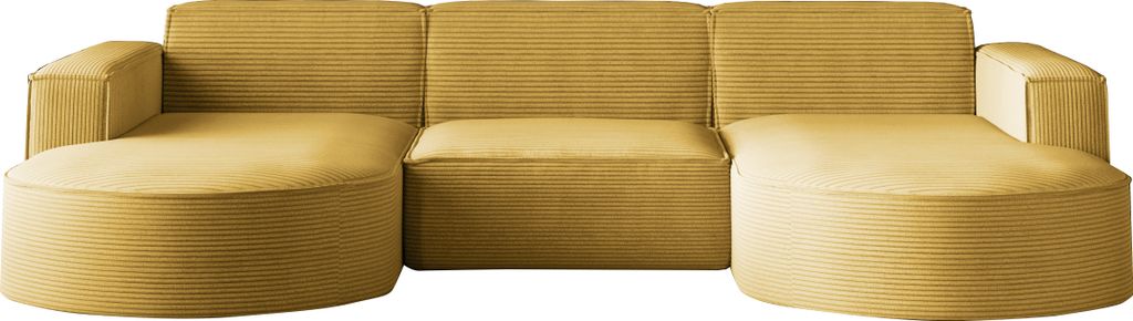 A yellow sectional sofa is shown from the front against a white background.