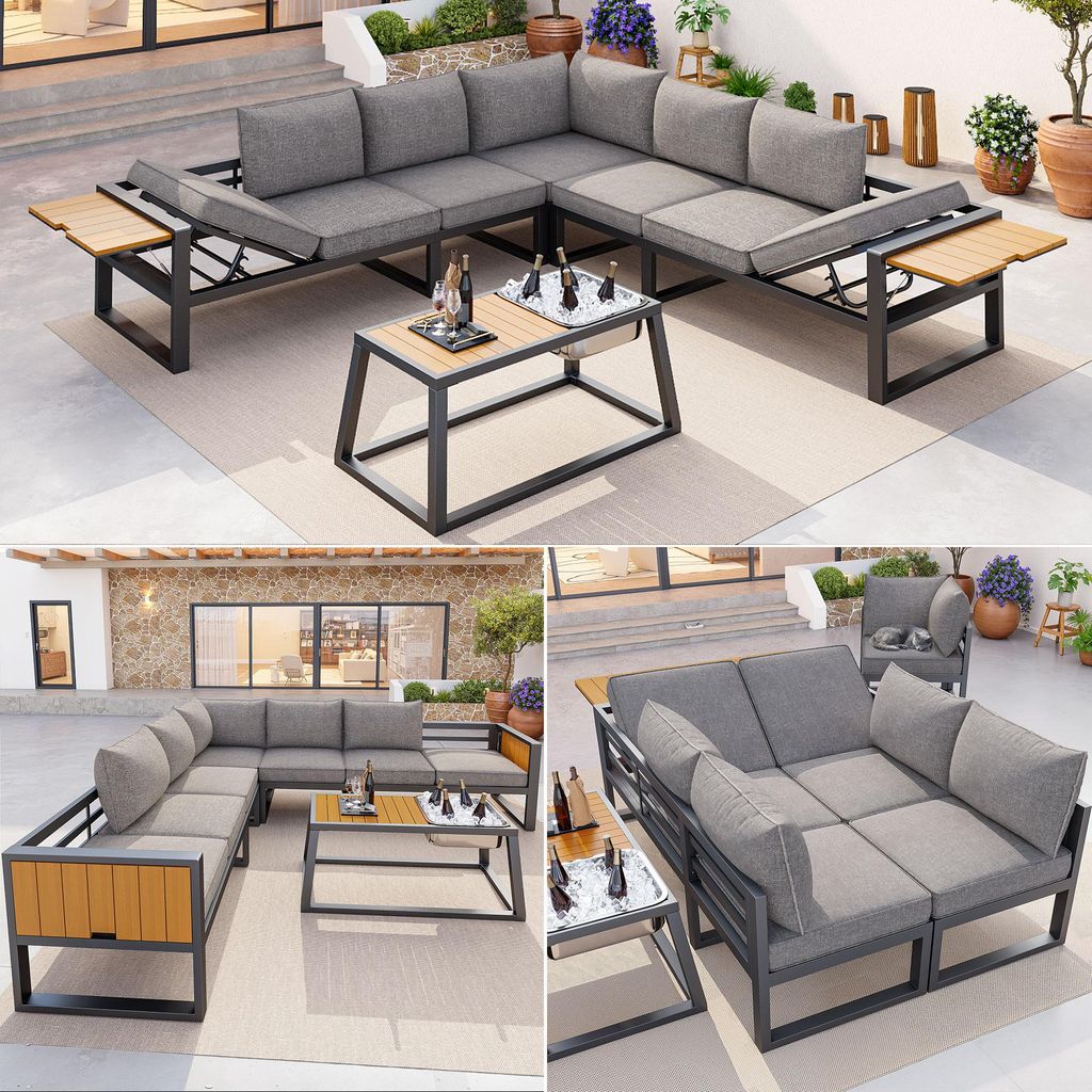 Modulares Outdoor-Sofa-Set mit verstellbarer Rückenlehne, ausklappbaren Armlehnen und Metall-Eisbehälter, 10cm dicken Kissen für Terrasse, Balkon
