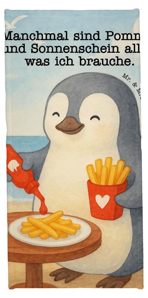 Mr. & Mrs. Panda Strandtuch Pinguin Pommes Design - Weiß - Geschenk, Freund, Badehandtuch, für Partner, Duschtuch, Frauen, Hochzeitstag, Freundin...