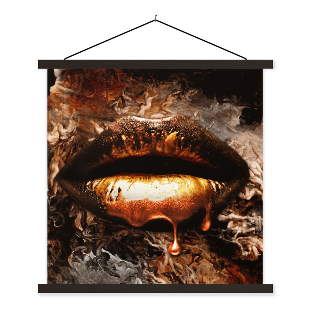 MuchoWow Textilposter Gold - Lippen - Kunst - Gold - Luxus - Abstrakt 90x90 cm mit schwarzem Rahmen - Magnetisches