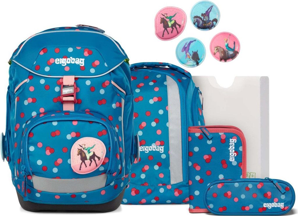 A set of school supplies including a backpack, pencil case, and other accessories, all featuring a polka dot pattern and horse-themed designs.