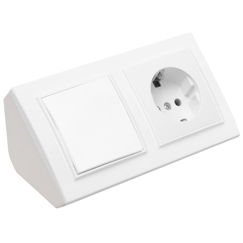 Ecksteckdose Steckdose + Lichtschalter Steckdosenblock 45° Verteilerdose weiß.