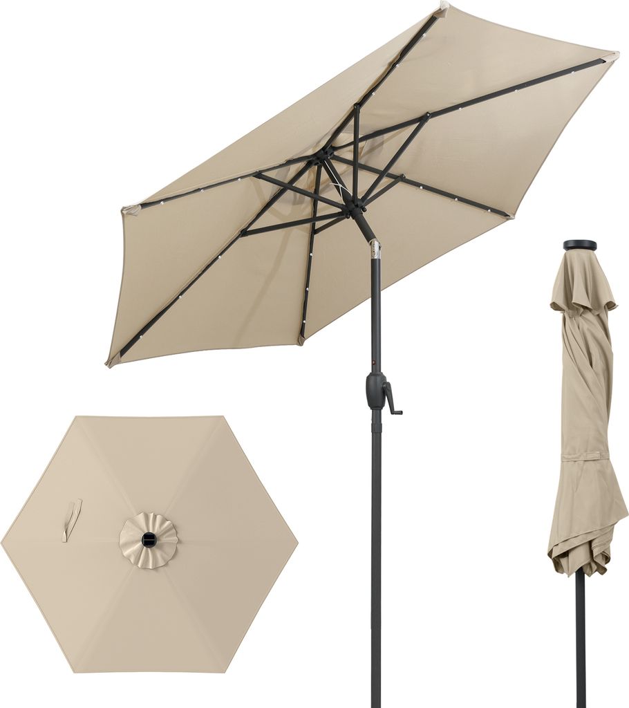 A beige rectangular patio umbrella with solar-powered LED lights and a crank mechanism, shown from multiple angles.