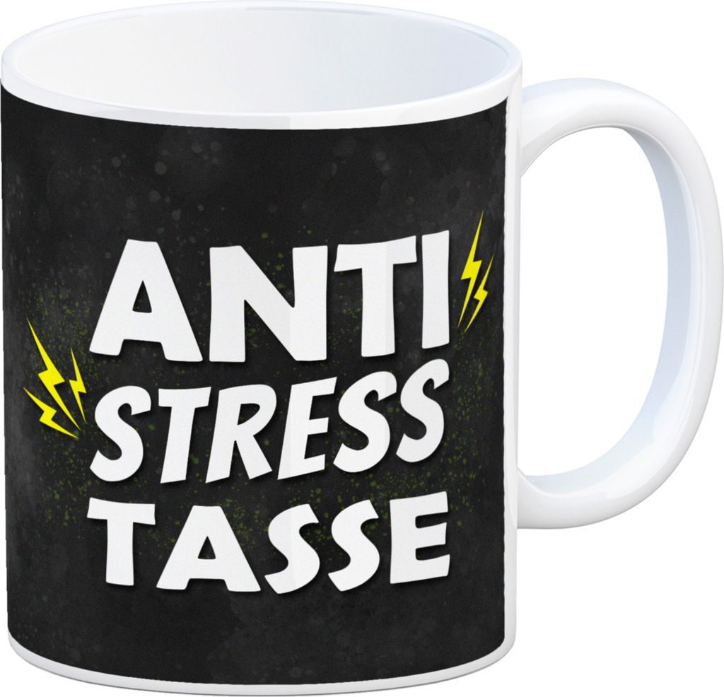Kaffeebecher mit angespanntem Motiv und Spruch: Produktbild 