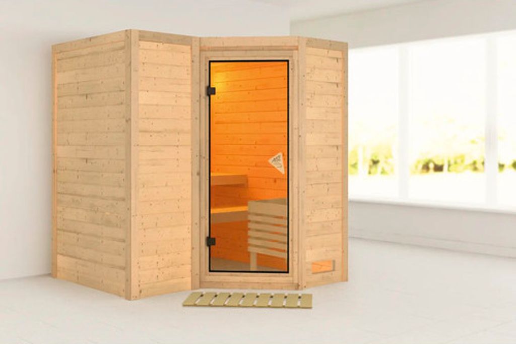 Elementsauna Karibu Melanit 1 ohne Ofen und Dachkranz mit bronzierter Ganzglastüre