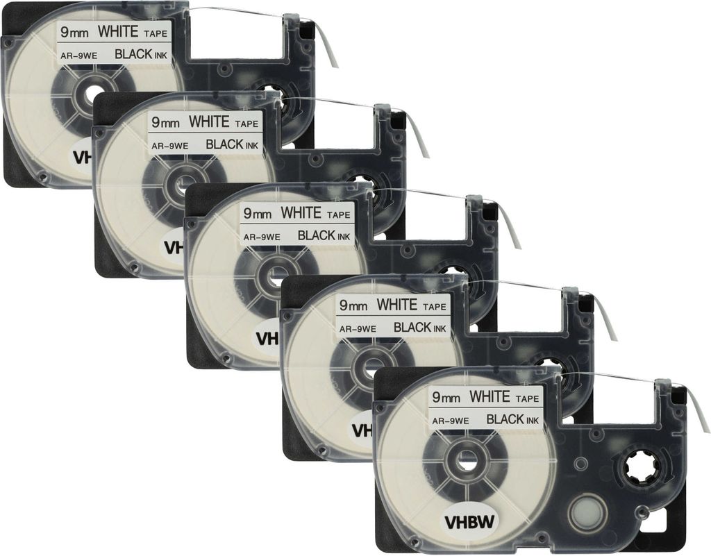 vhbw 5x Schriftband-Kassette kompatibel mit Casio KL-C500, KL-8200, KL-P1000, KL-HD1, KL-G2 Etiketten-Drucker 8m x 9mm Schwarz auf Weiß