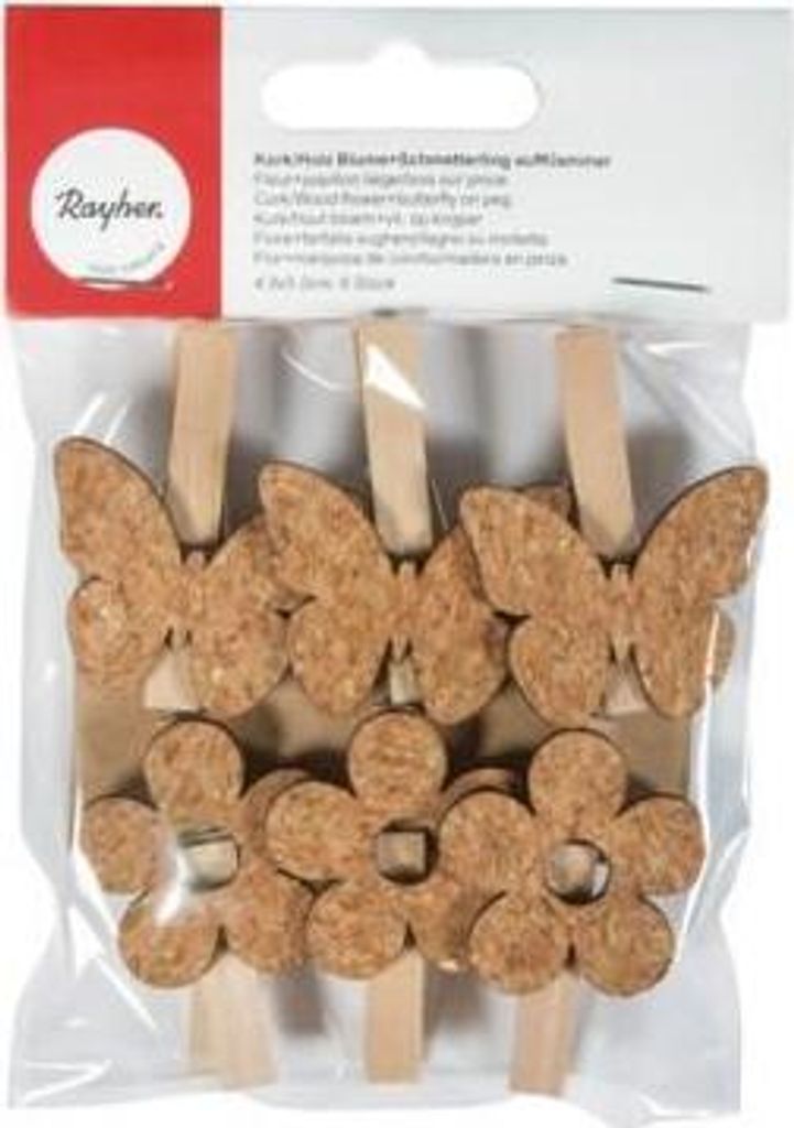 Holz Wäscheklammern x 6 - Kork Blumen & Schmetterlinge