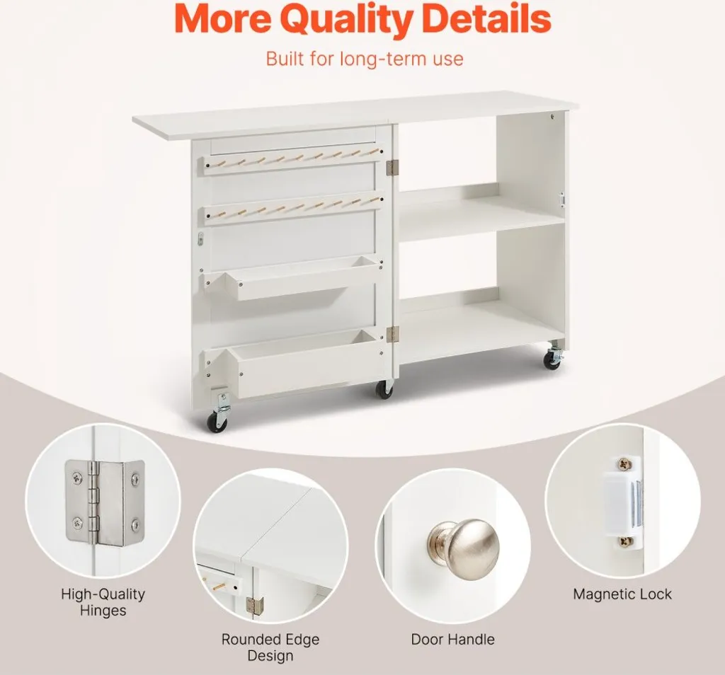 Table de couture blanche modulable sur roulettes avec rangements variés