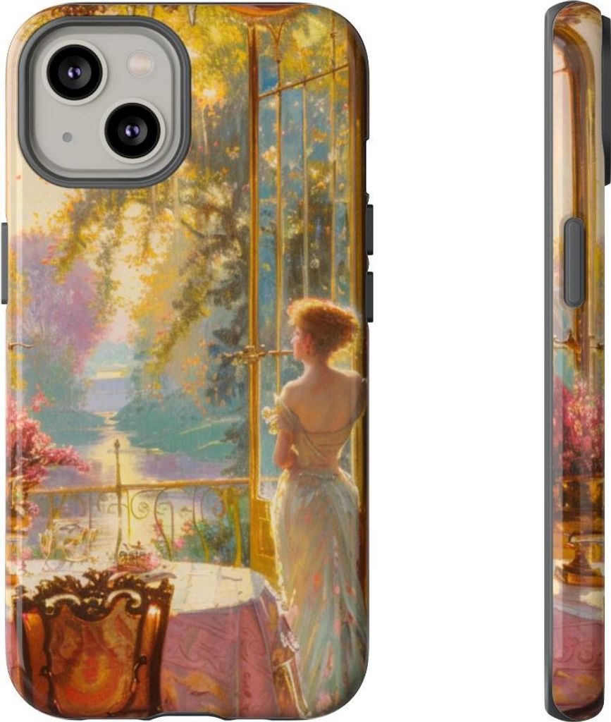 Elegante Frau im sonnendurchfluteten Raum mit floraler Dekoration – Hülle Kompatibel mit iPhone 14