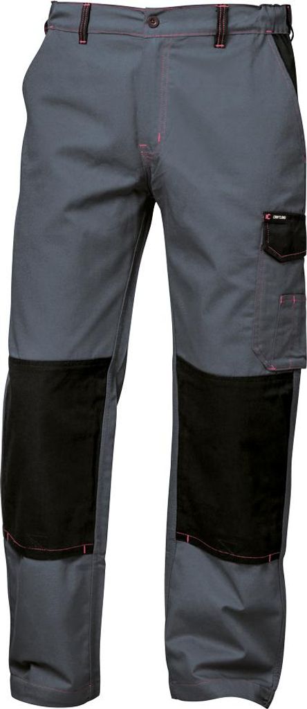 A pair of gray work pants with black knee patches and a black pocket on the right leg.