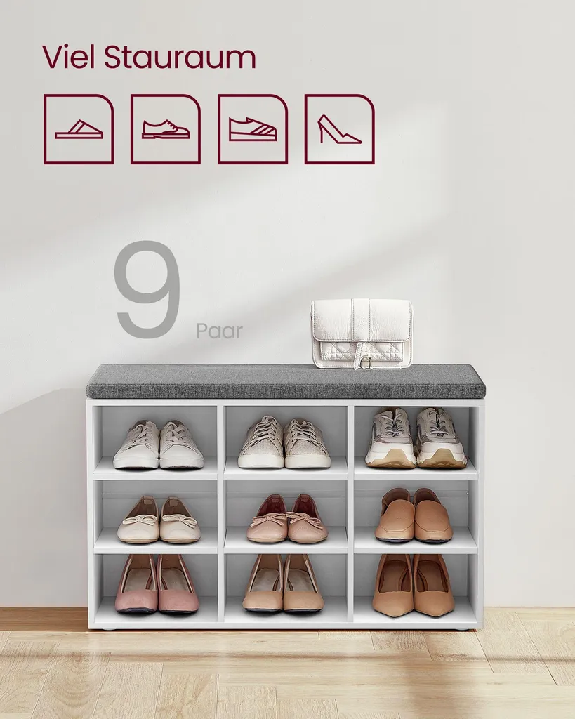 Coussin pour banc à chaussures avec 9 compartiments de rangement gris